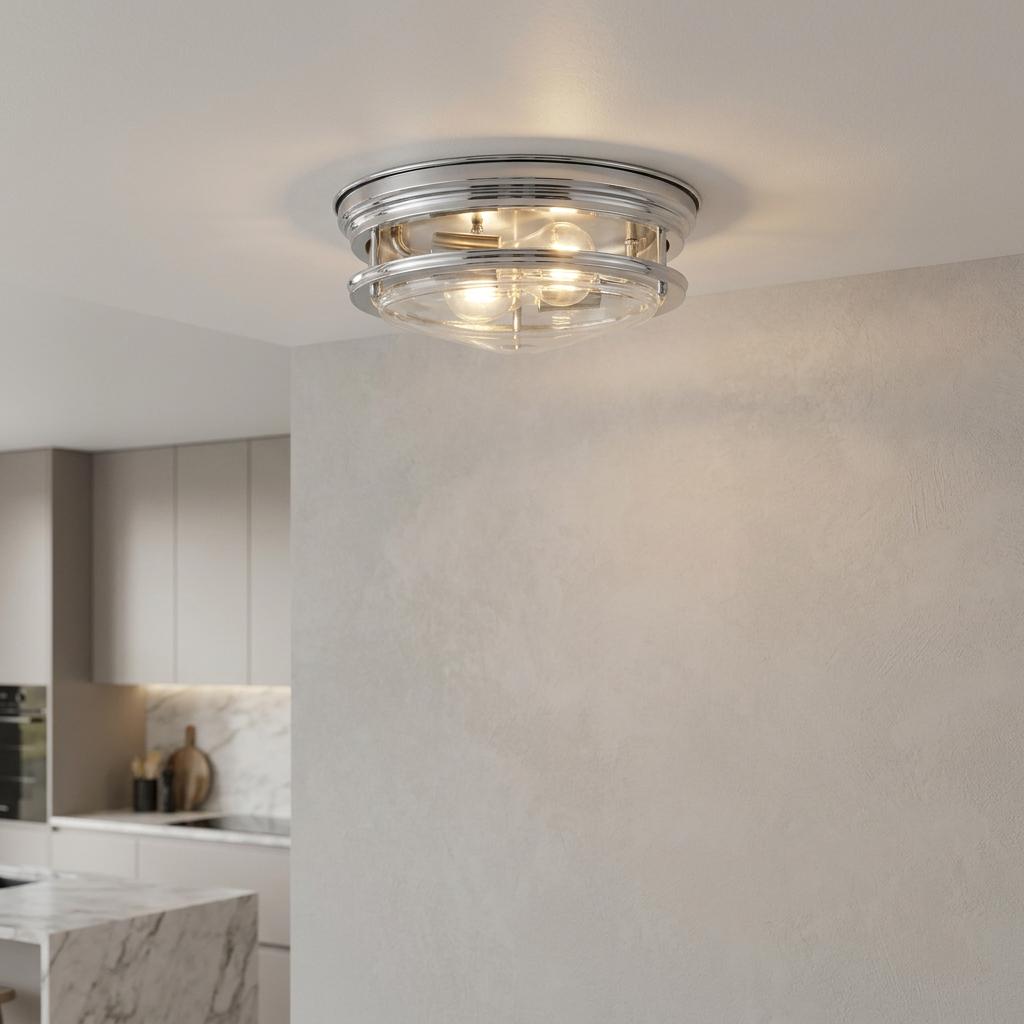 Hadrian chrome bathroom ceiling light with a clear glass shade and two glowing bulbs in a modern interior setting.
