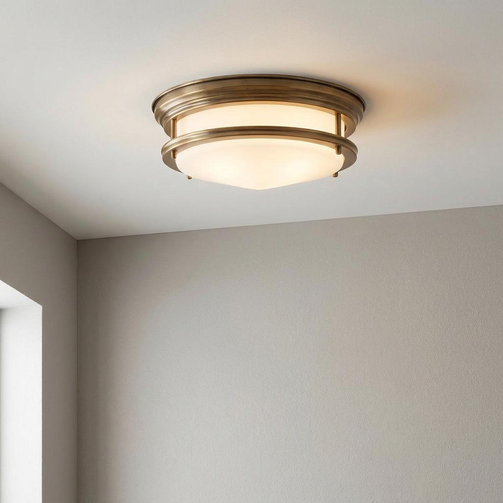 Hadrian bathroom ceiling light with opal glass and a tiered brushed bronze frame, mounted on a white ceiling.