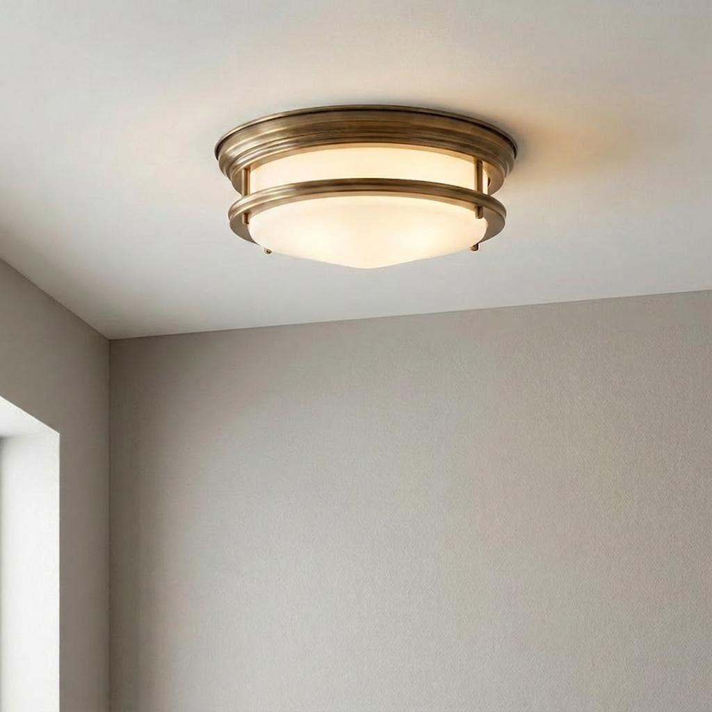 Hadrian brushed bronze flush mount light with opal glass shade on a white ceiling.