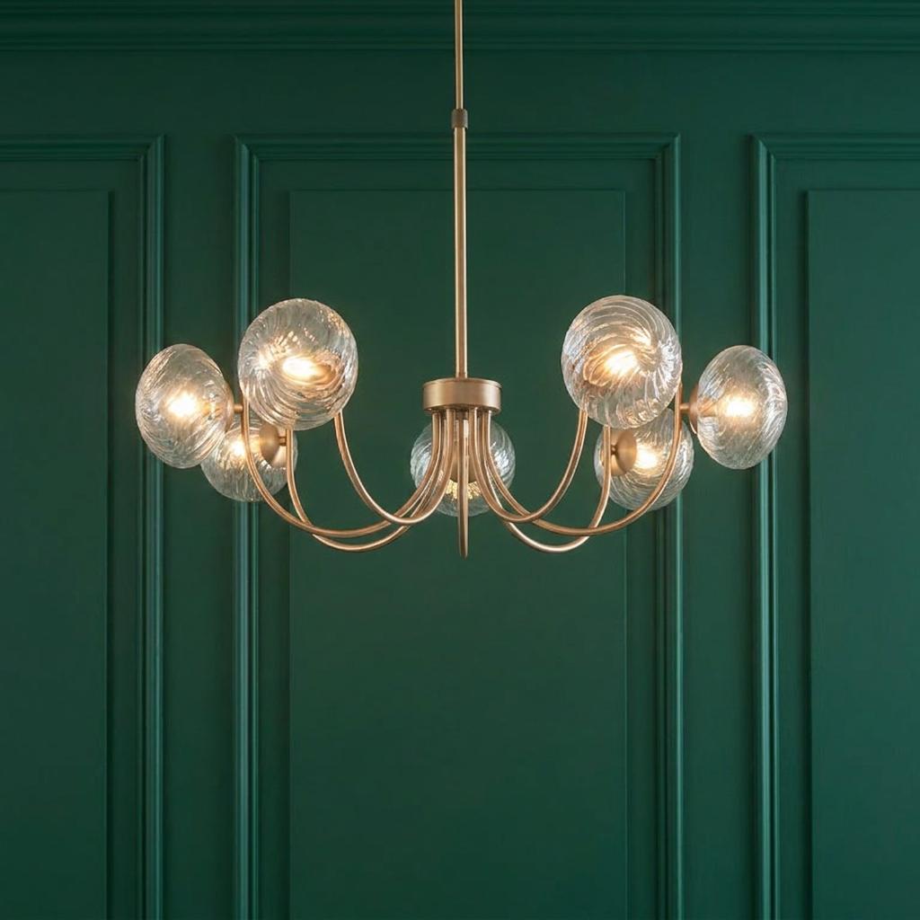 Hague 7-light brass pendant chandelier with swirling glass globe shades against a dark green paneled wall.
