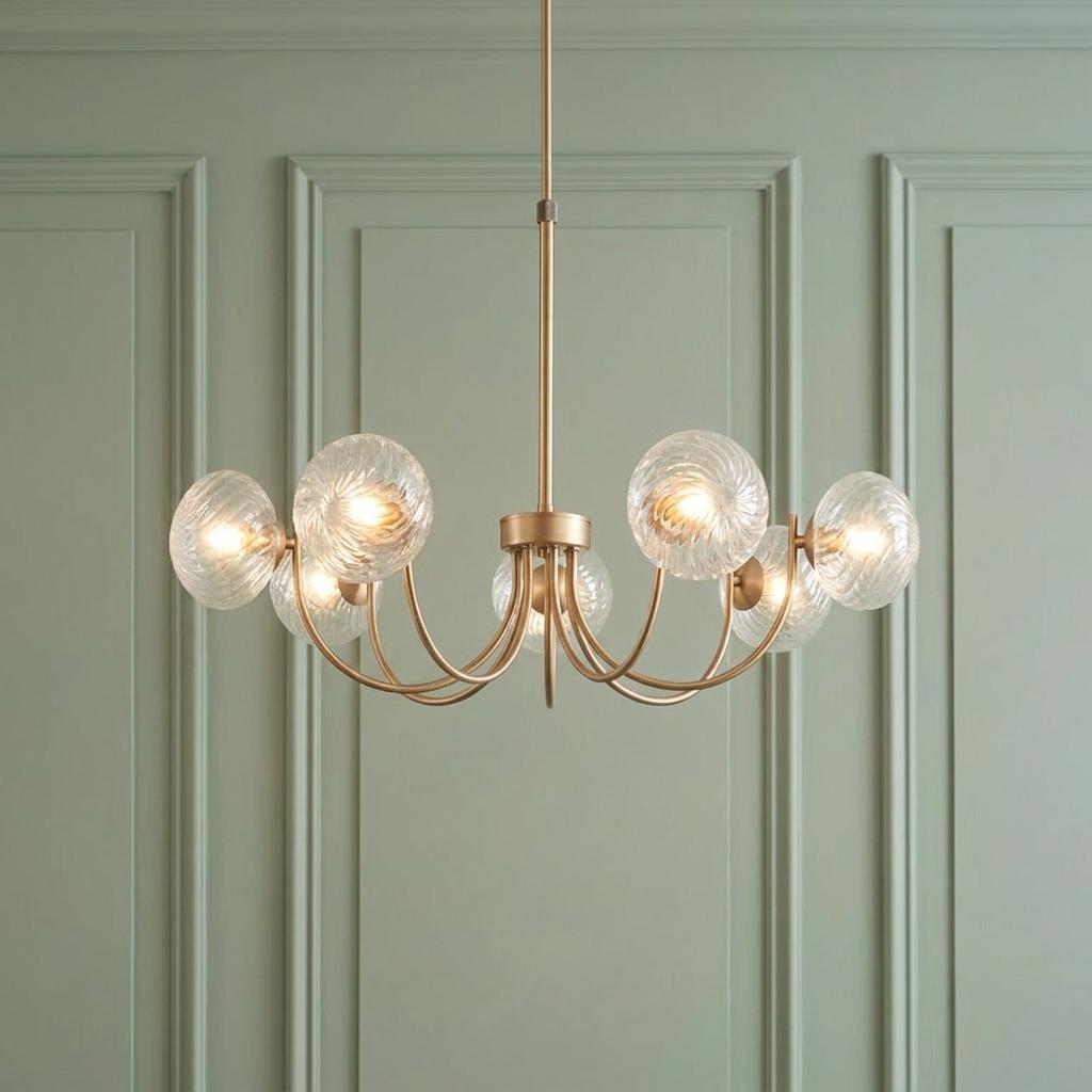 Hague 7-light brass pendant with ribbed glass globes, displayed against a soft green paneled wall.