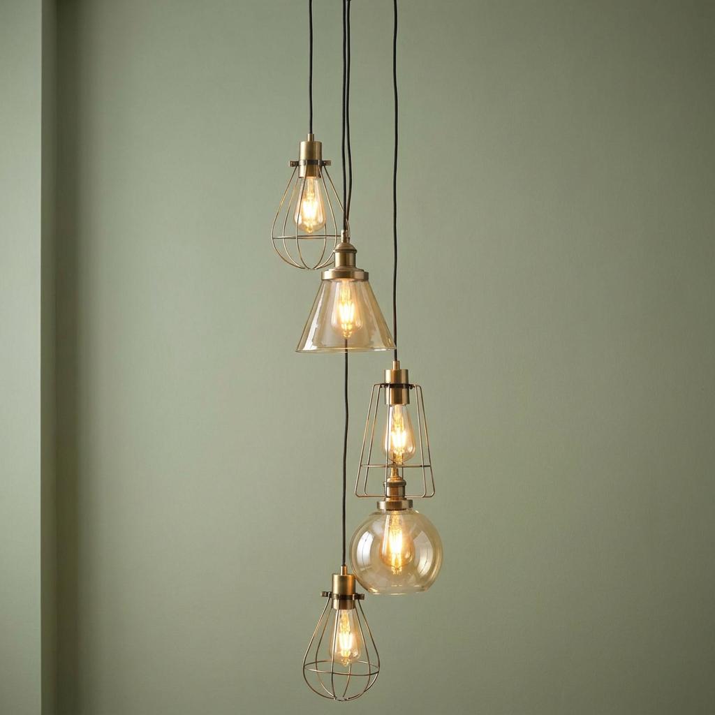 Haldor 6 Light Antique Brass Glass & Wire Pendant featuring amber glass and wire cage shades against a green wall.
