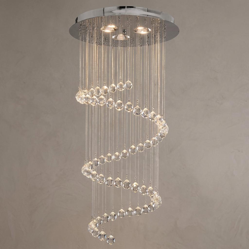 Spiral cascading ceiling pendant with crystal ball droplets hanging from a polished chrome base.