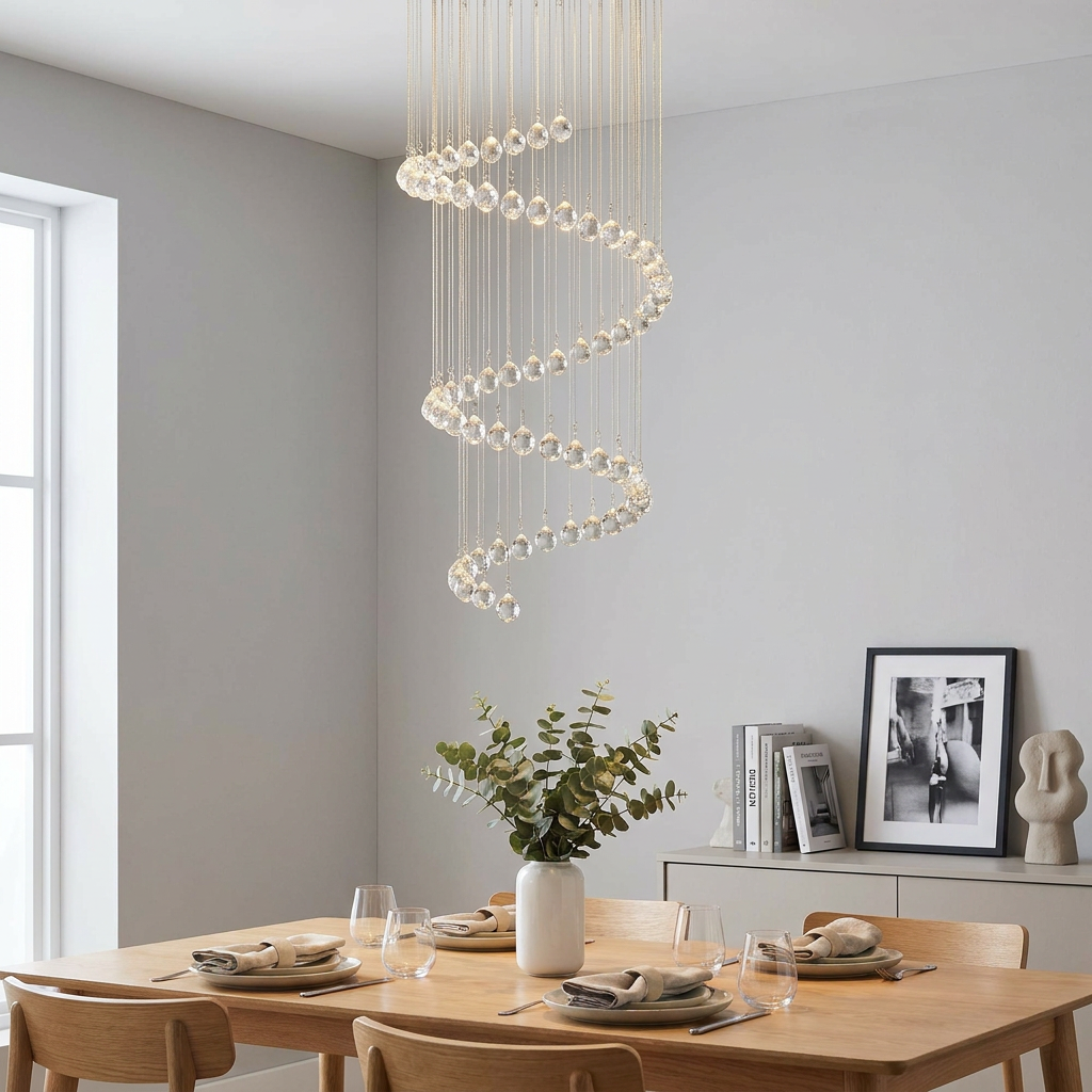 Cascading spiral crystal ball chandelier hanging above a wooden dining table in a minimalist grey room.