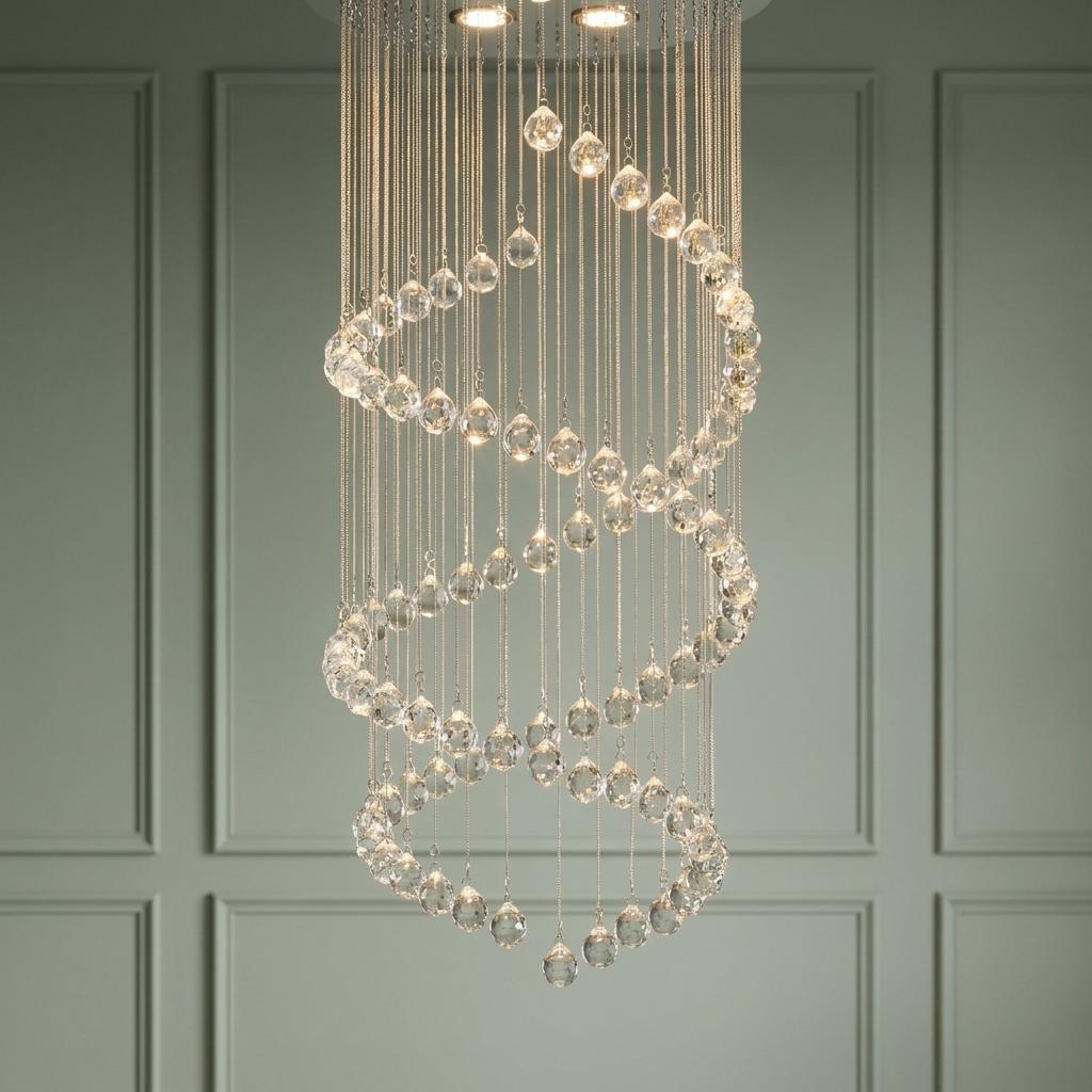 Double cascading spiral crystal ball chandelier hanging against a light green paneled wall.