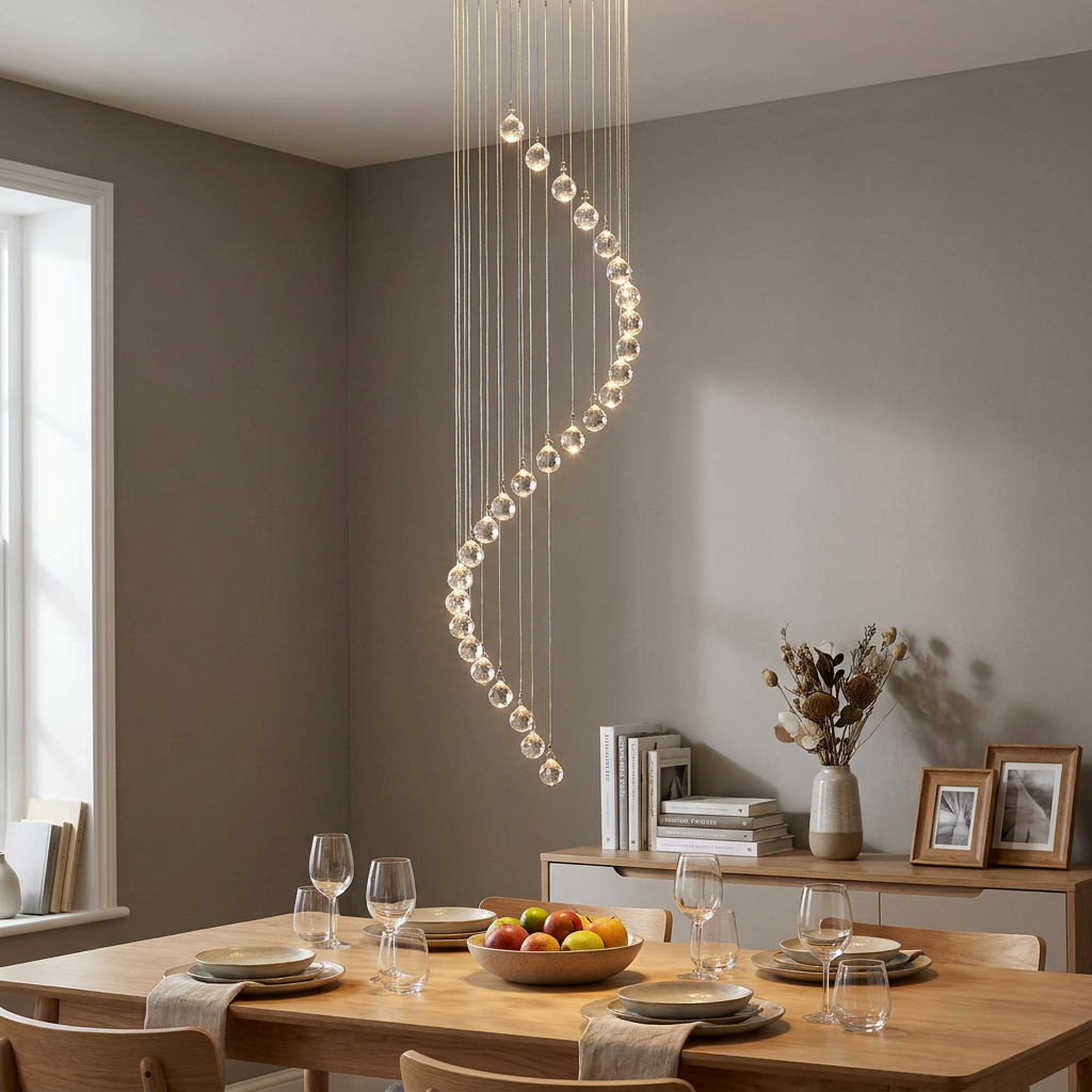 Spiral cascading crystal ball pendant light hanging above a wooden dining table in a modern dining room.