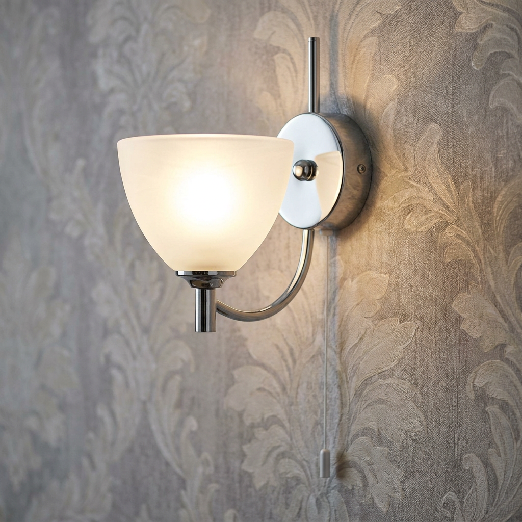 Chrome Art Deco wall light with a frosted glass shade glowing against grey damask wallpaper.