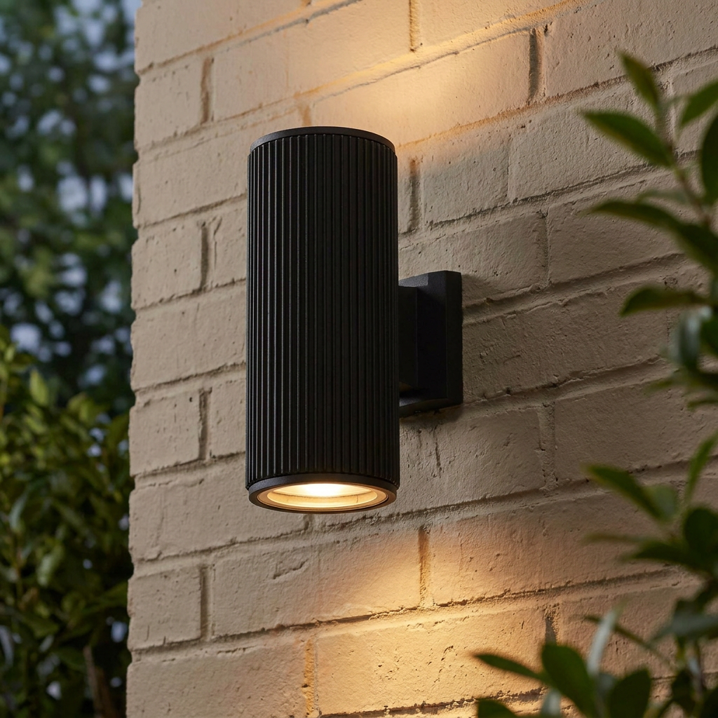 Modern black fluted up and down outdoor wall light casting warm light on a brick wall.
