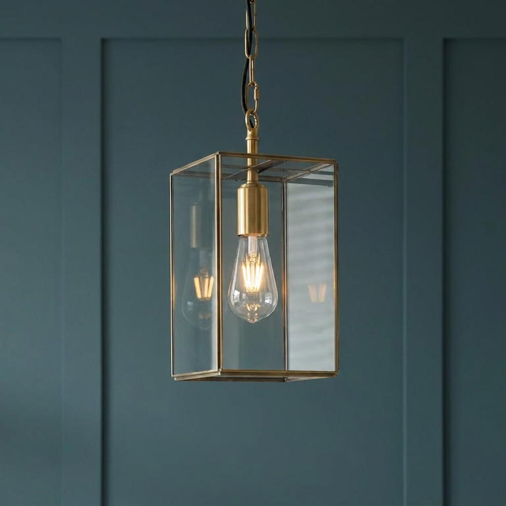A Hammond Brass and Glass Panel Pendant lantern with a warm Edison bulb against a teal panelled wall.