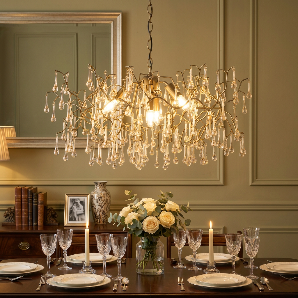 Gold chandelier with glass teardrops hanging above a formal dining table with flowers and candles.