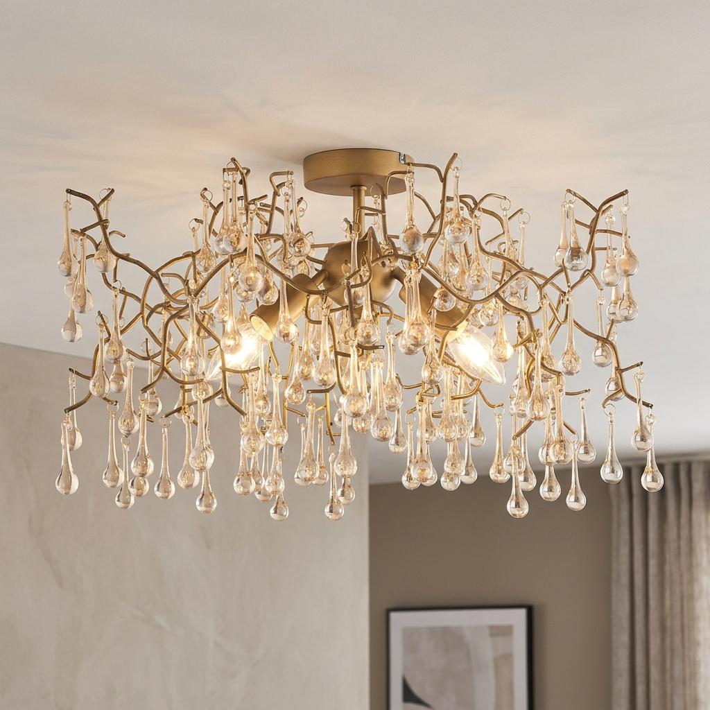 Gold semi-flush ceiling light with champagne glass teardrops hanging from decorative branches.