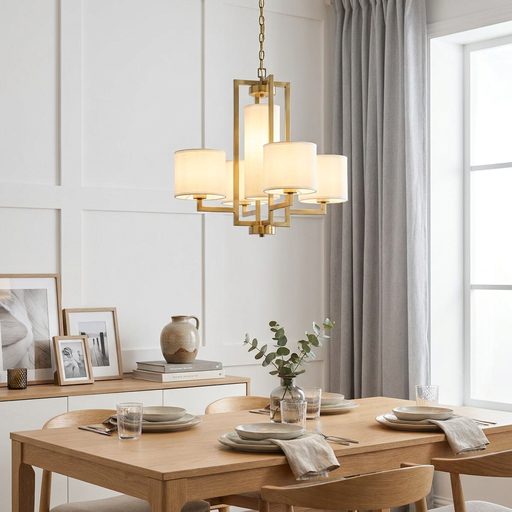 Hampton Brass 4 Light Chandelier with white shades hanging over a wooden dining table in a modern, bright dining room.