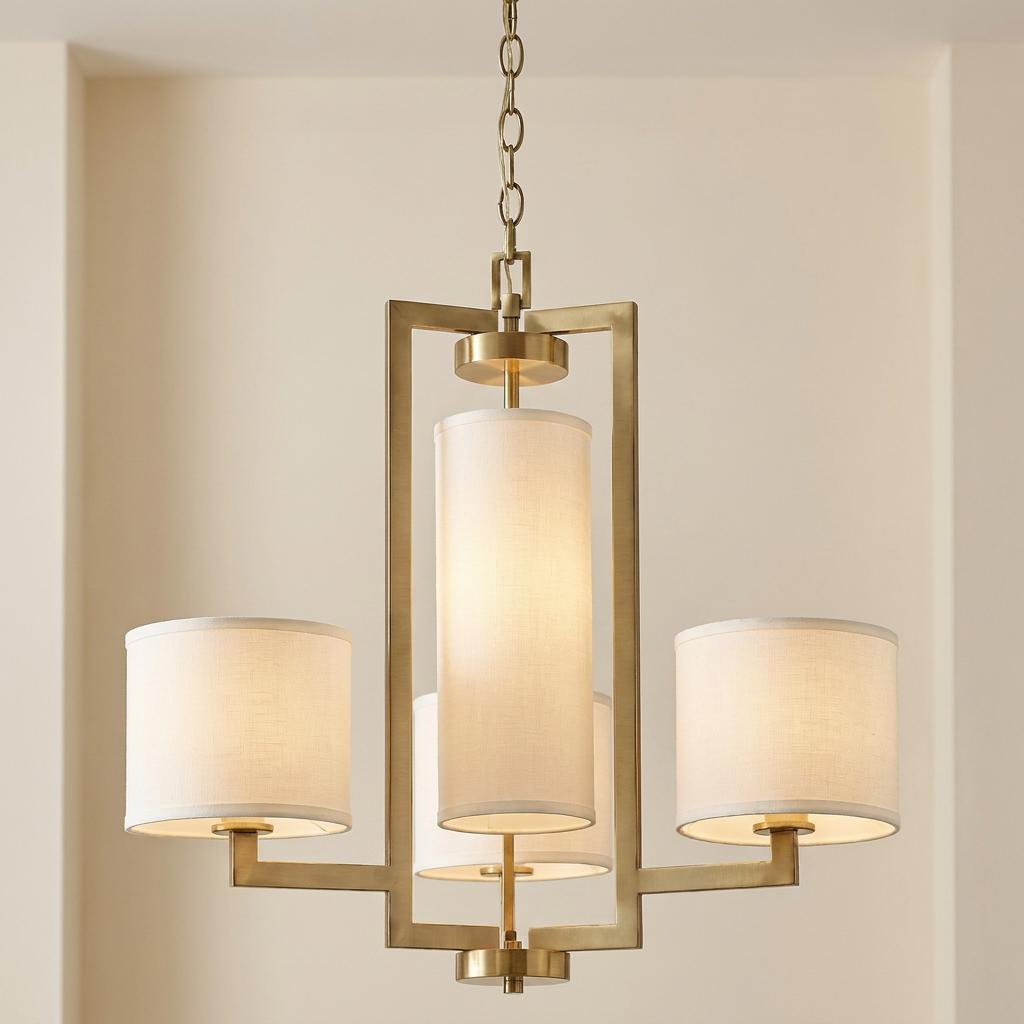 Modern Hampton Brass 4-light chandelier featuring white fabric cylinder shades on a geometric frame.
