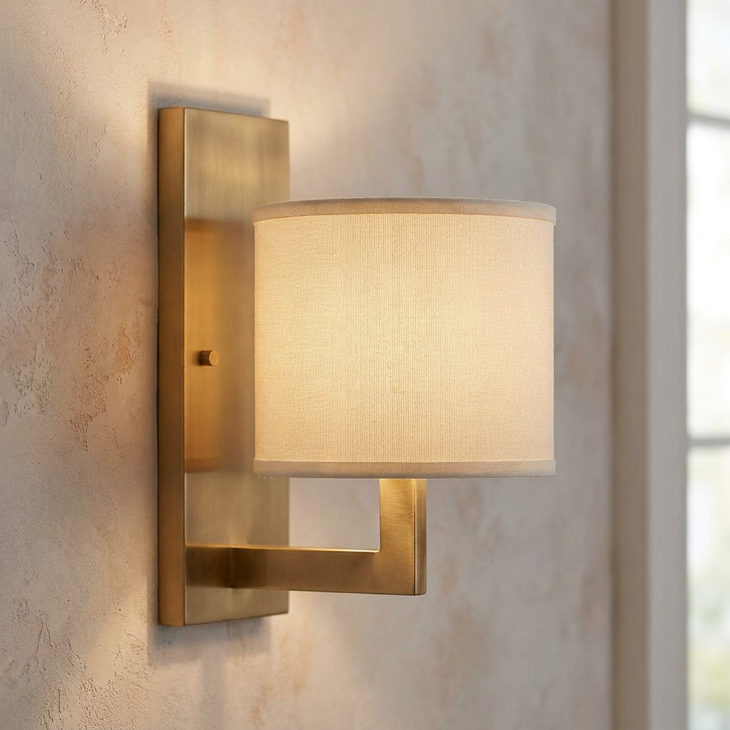 Brushed brass wall sconce with a rectangular backplate and a white fabric drum shade mounted on a textured wall.