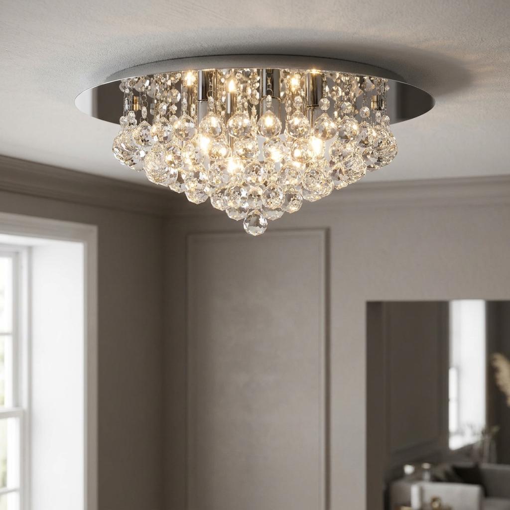 Hanna 6 light flush ceiling light with cascading clear crystal balls and a reflective chrome base.