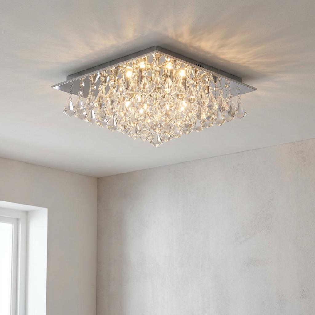 Illuminated Hanna 6 light square chrome and crystal pyramid flush ceiling light in a neutral room.