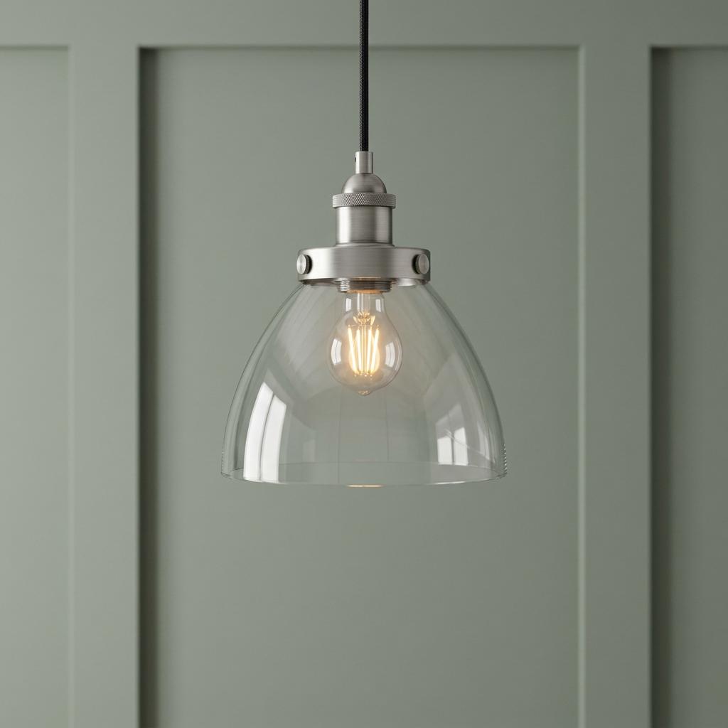 A brushed silver pendant light with a clear glass bell shade and filament bulb against a green paneled wall.