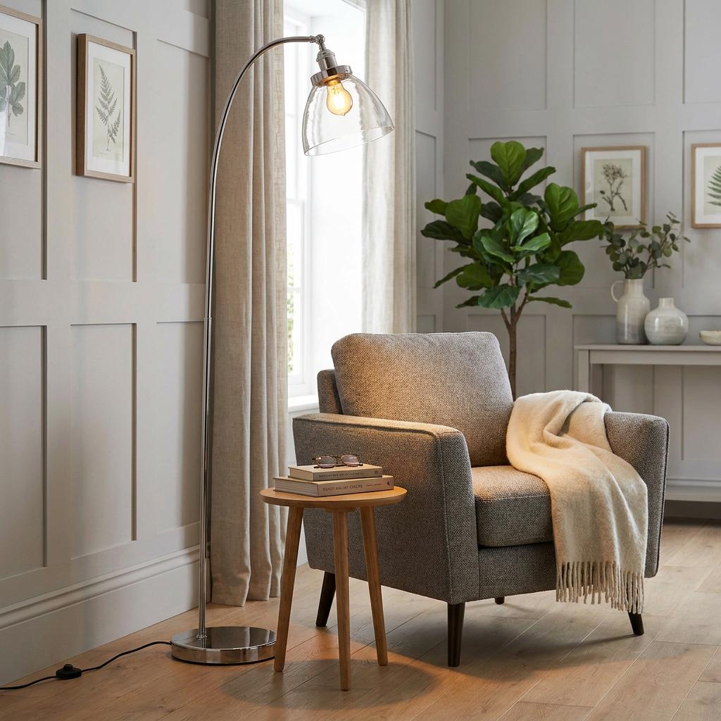 Hansen Traditional Nickel Floor Lamp with a curved arm and glass shade next to a grey armchair in a cosy living room.