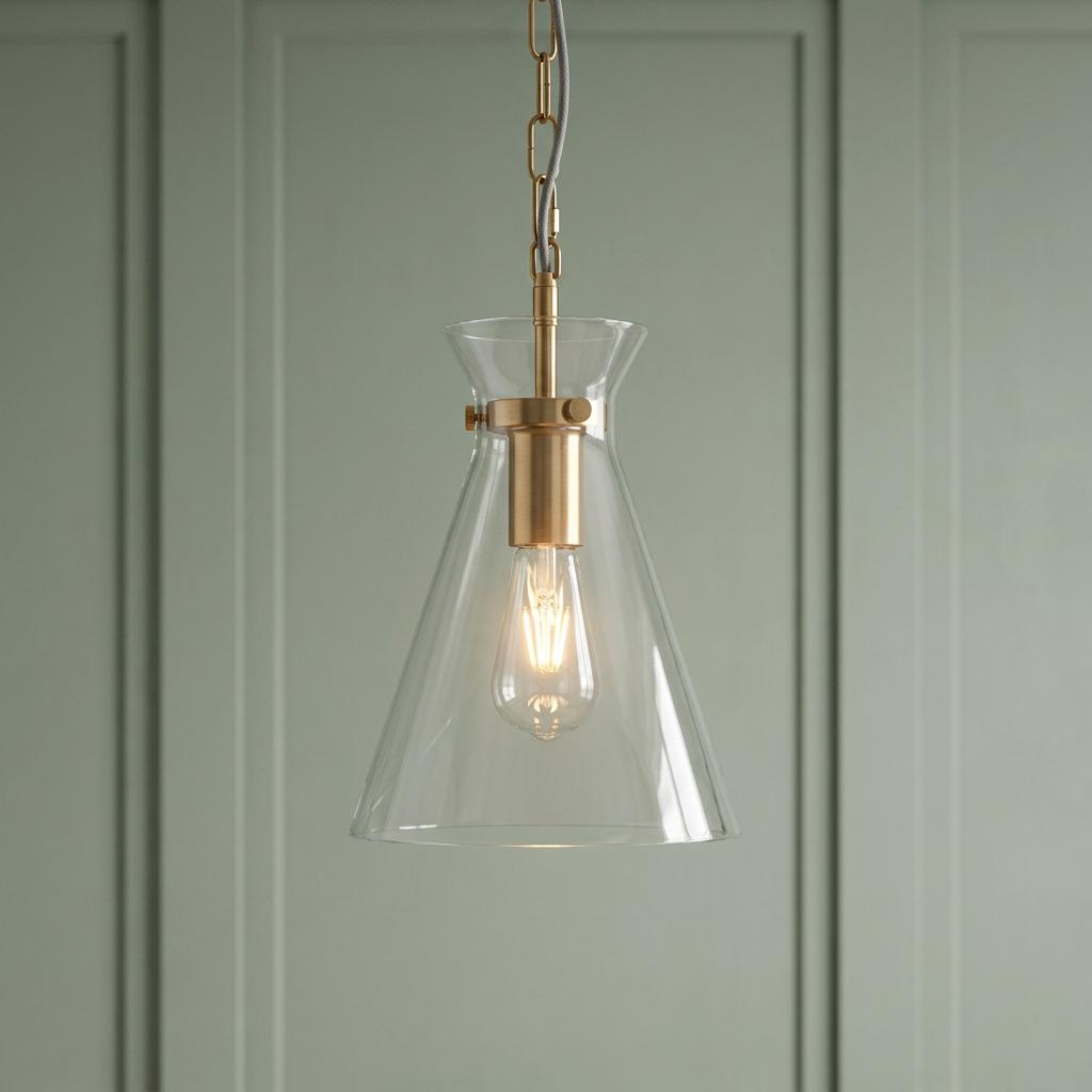 Harlow Brass Pendant Ceiling Light with a clear glass cone shade hanging against a green paneled wall.