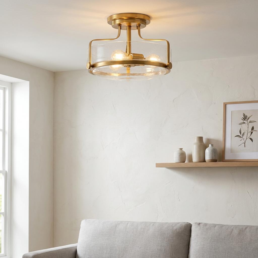 Brass semi-flush ceiling light with a clear seeded glass shade illuminates a bright, modern living room.