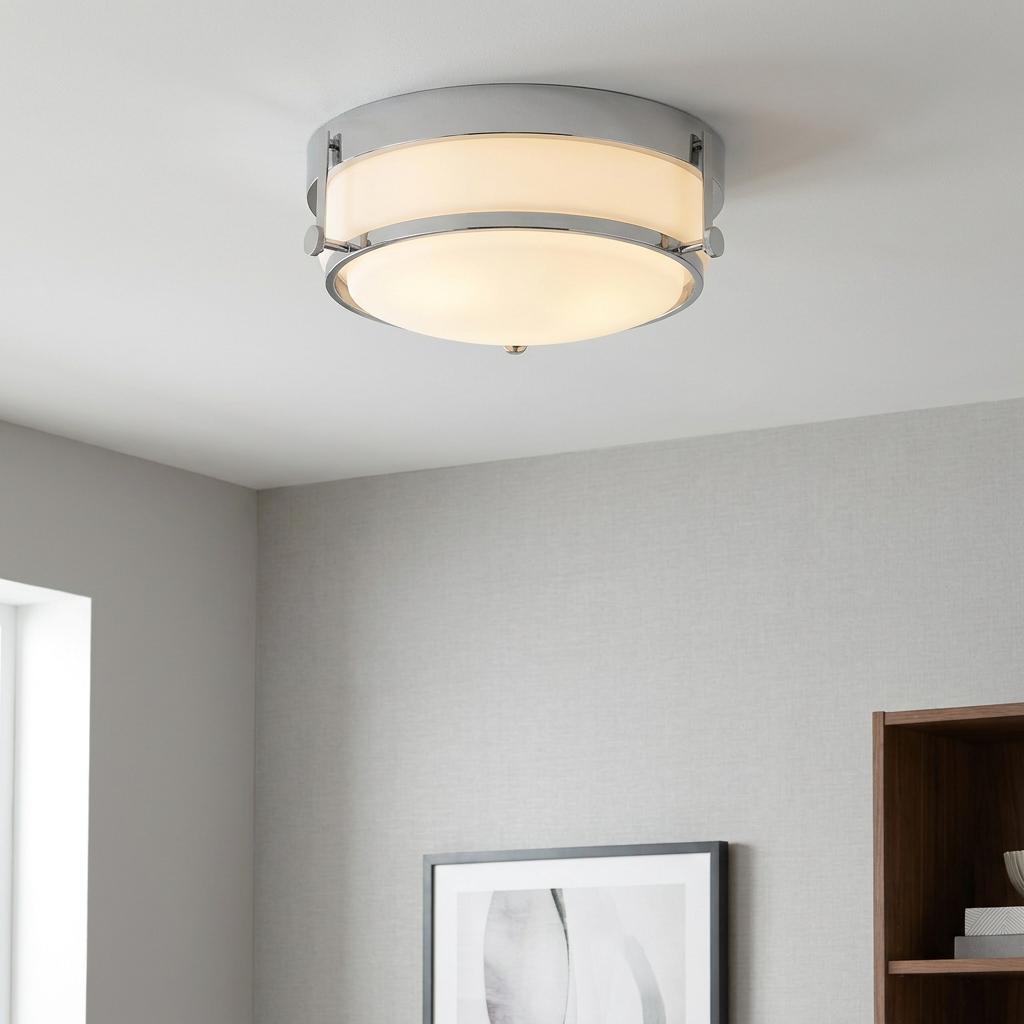 Polished chrome flush ceiling light with a two-tier opal glass shade in a modern room setting.