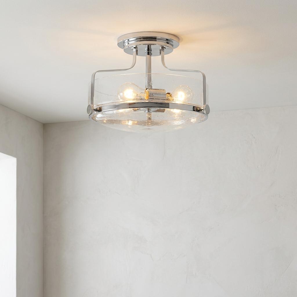 Harper 3-light polished chrome semi-flush ceiling light with a seeded glass shade lit on a white ceiling.