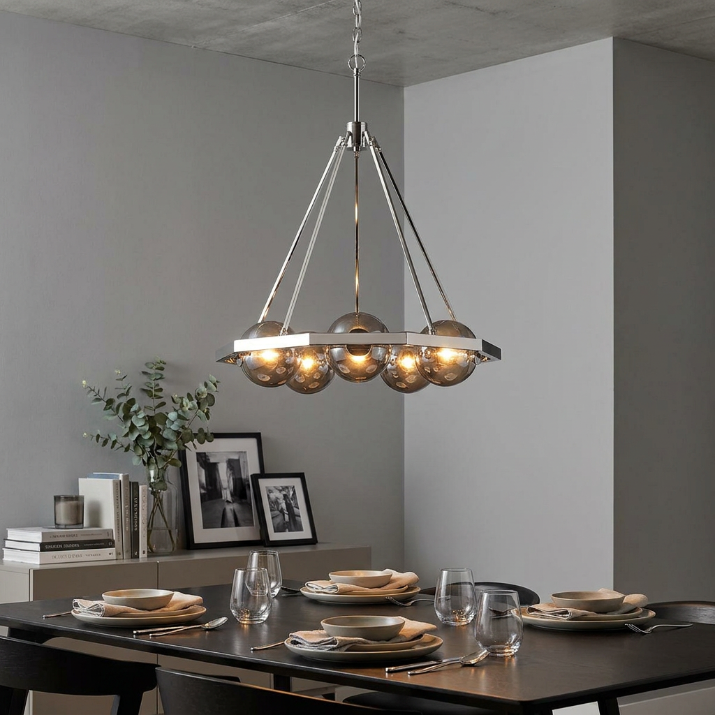 Harper 5 Light Polished Nickel Chandelier with smoked glass globes hanging above a set dining table in a grey room.