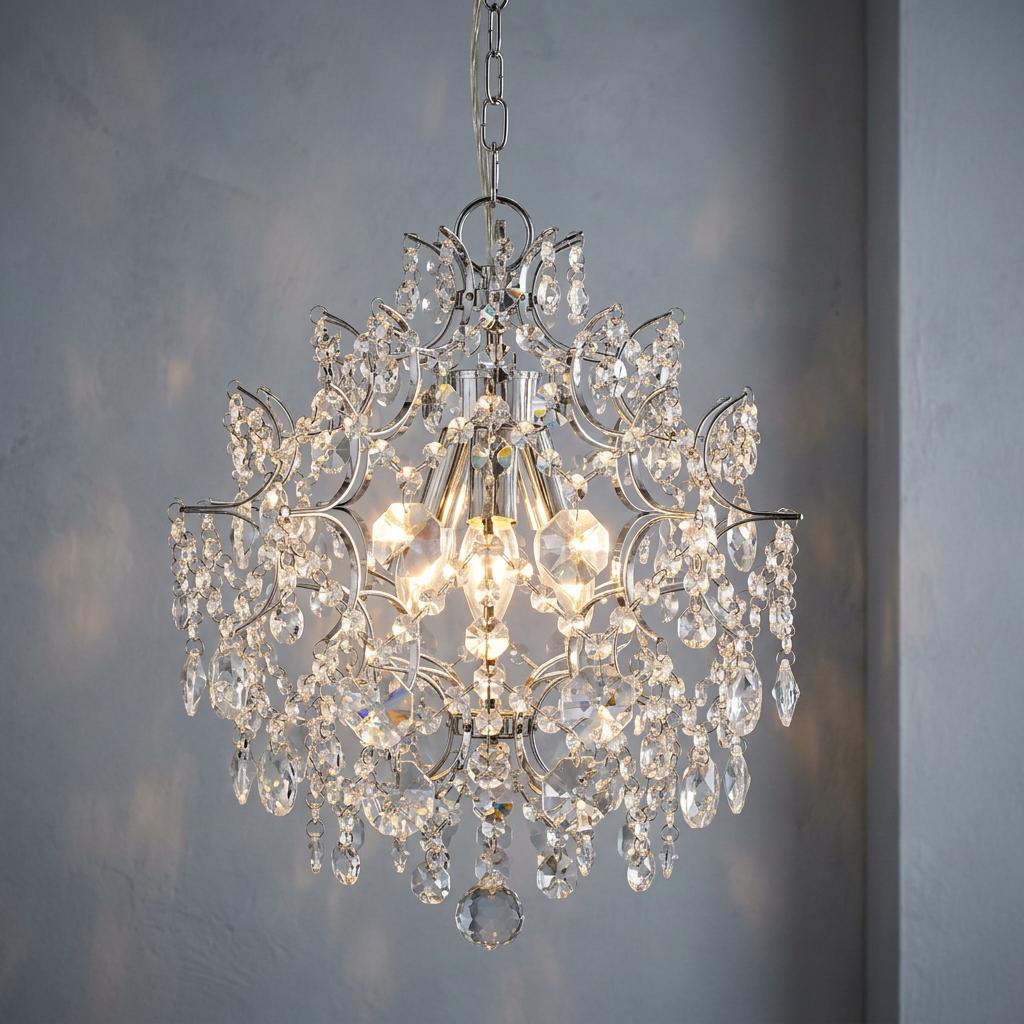 Illuminated Harrietta chrome and crystal drop 3-light ceiling pendant against a textured grey wall.