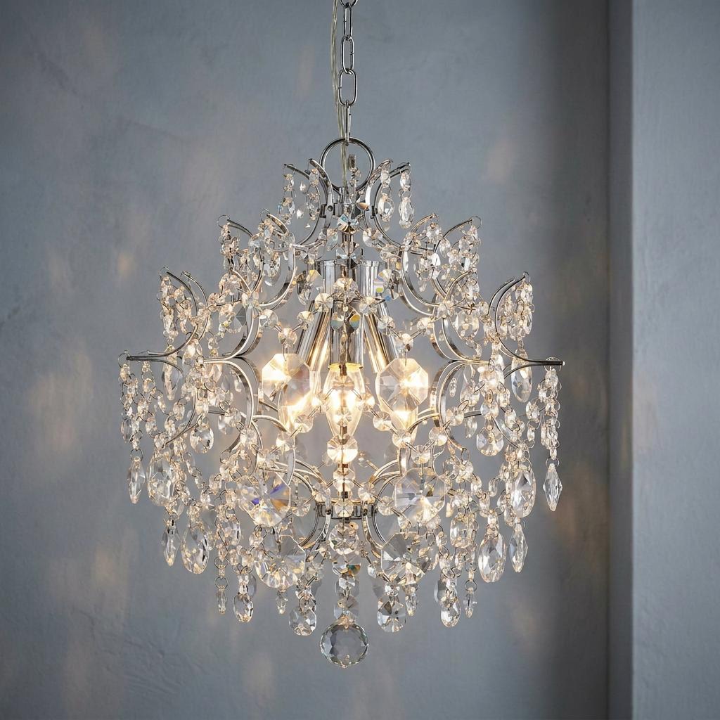 Harrietta 3-light chrome chandelier with cascading crystal drops illuminating a grey textured wall.