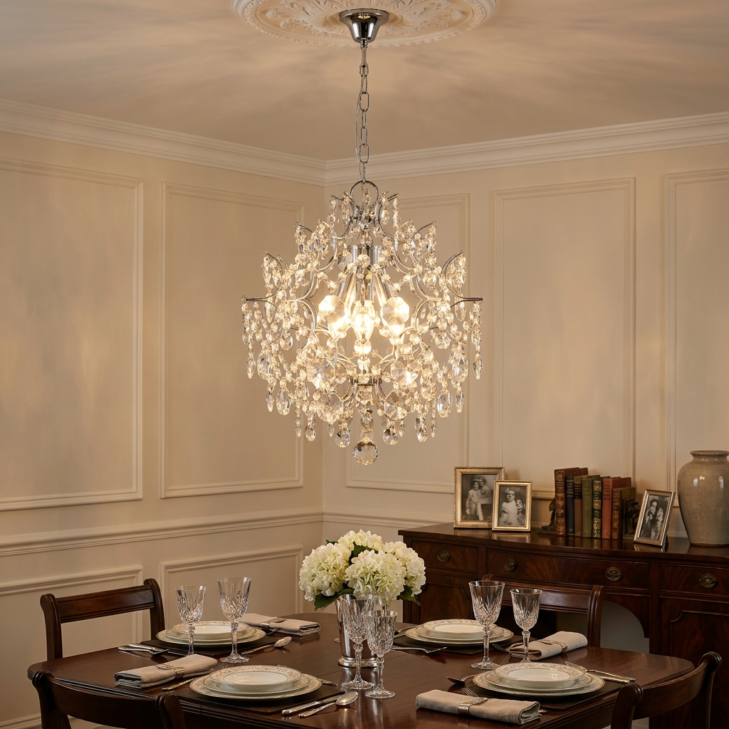 Harrietta 3 light chrome and crystal drop pendant illuminates a formal dining room with a wooden table.