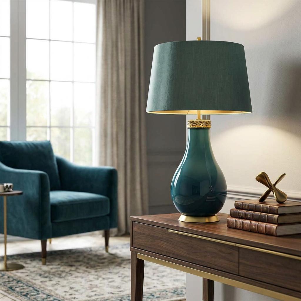 Green ceramic table lamp with a gold-lined drum shade sits on a wooden console table in a stylish living room.