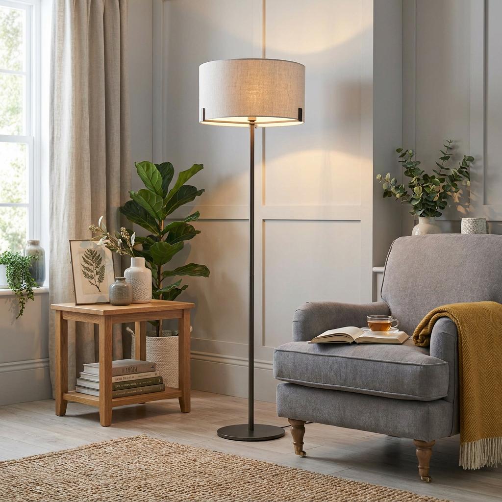 Hayfield bronze floor lamp with a linen shade standing in a cozy living room next to a grey armchair.