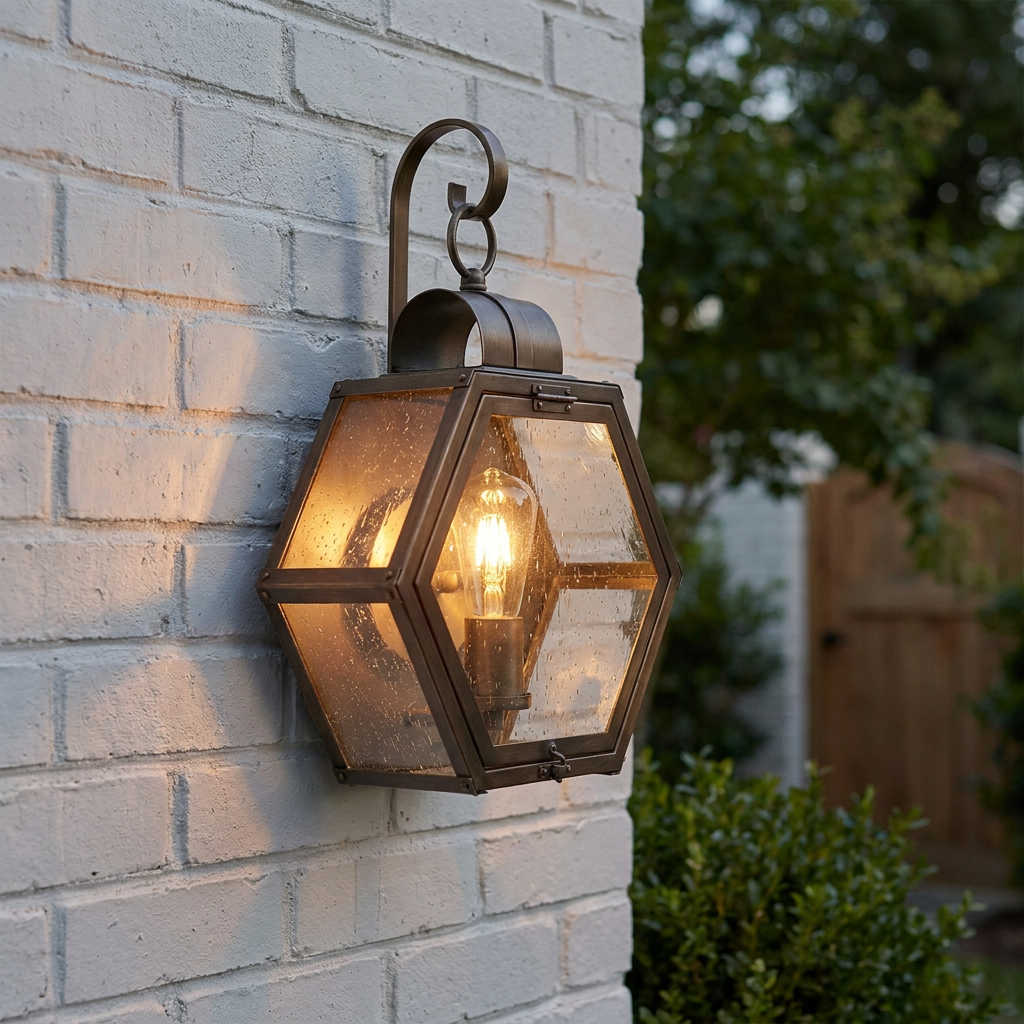 A hexagonal bronze lantern with seedy glass panels glows warmly on a white painted brick wall.
