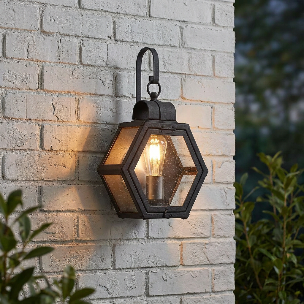 Black hexagonal outdoor wall lantern with a glowing Edison bulb mounted on a white brick wall.