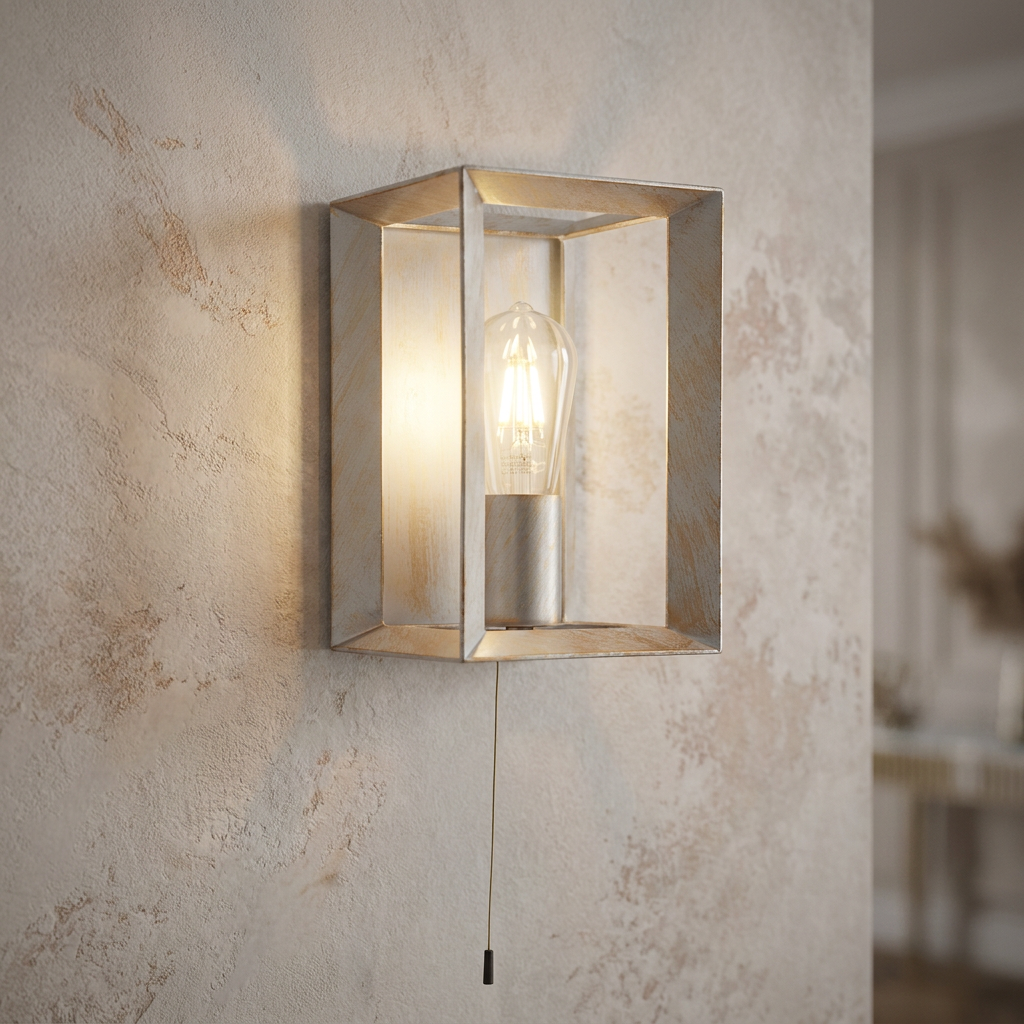Brushed gold and silver cage wall light with an exposed filament bulb and pull cord on a neutral textured wall.