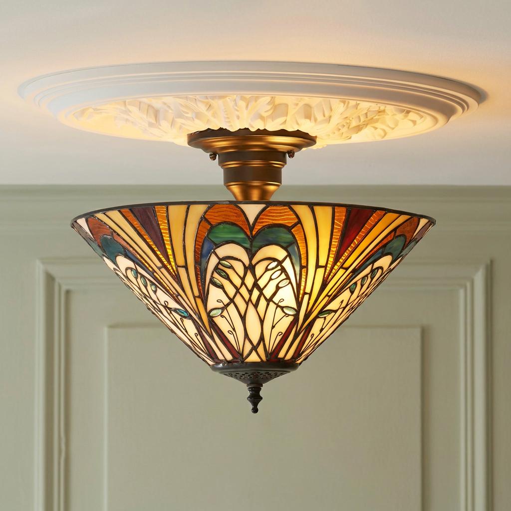 Hector Medium Semi Flush Tiffany Ceiling Light with stained glass patterns, mounted to a white ceiling rose.