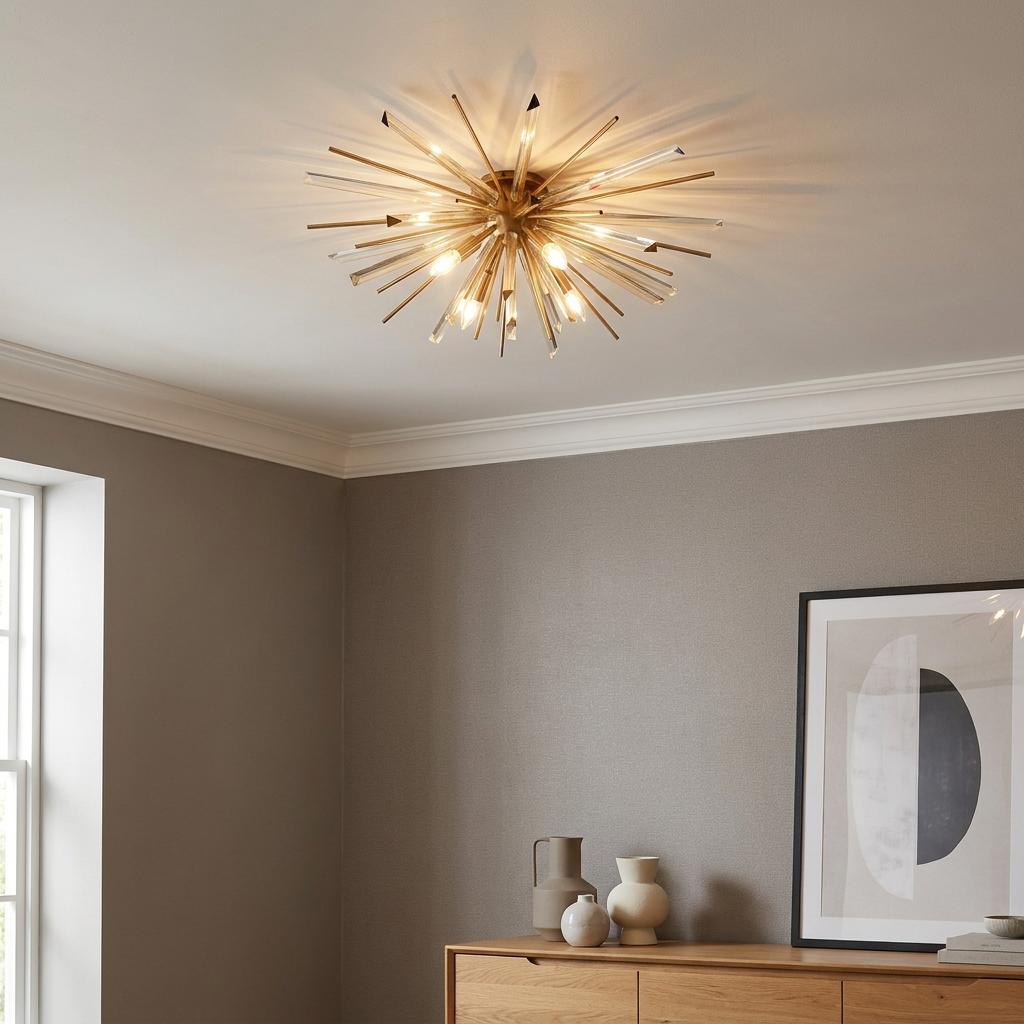 Helios brass sunburst flush ceiling light with triangular glass prisms illuminated in a modern room.