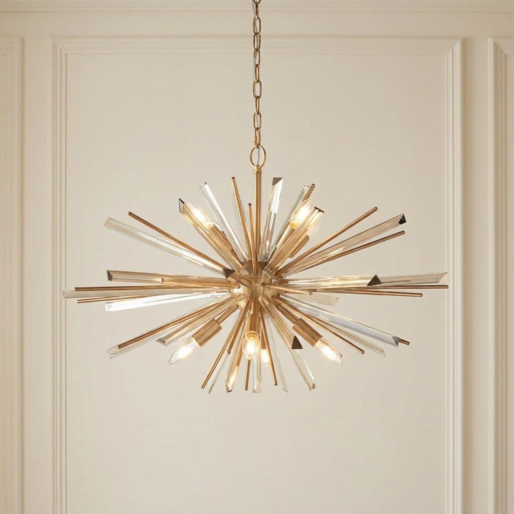 Helios Large 8 light antique brass sunburst pendant with prism glass rods hanging from a chain.