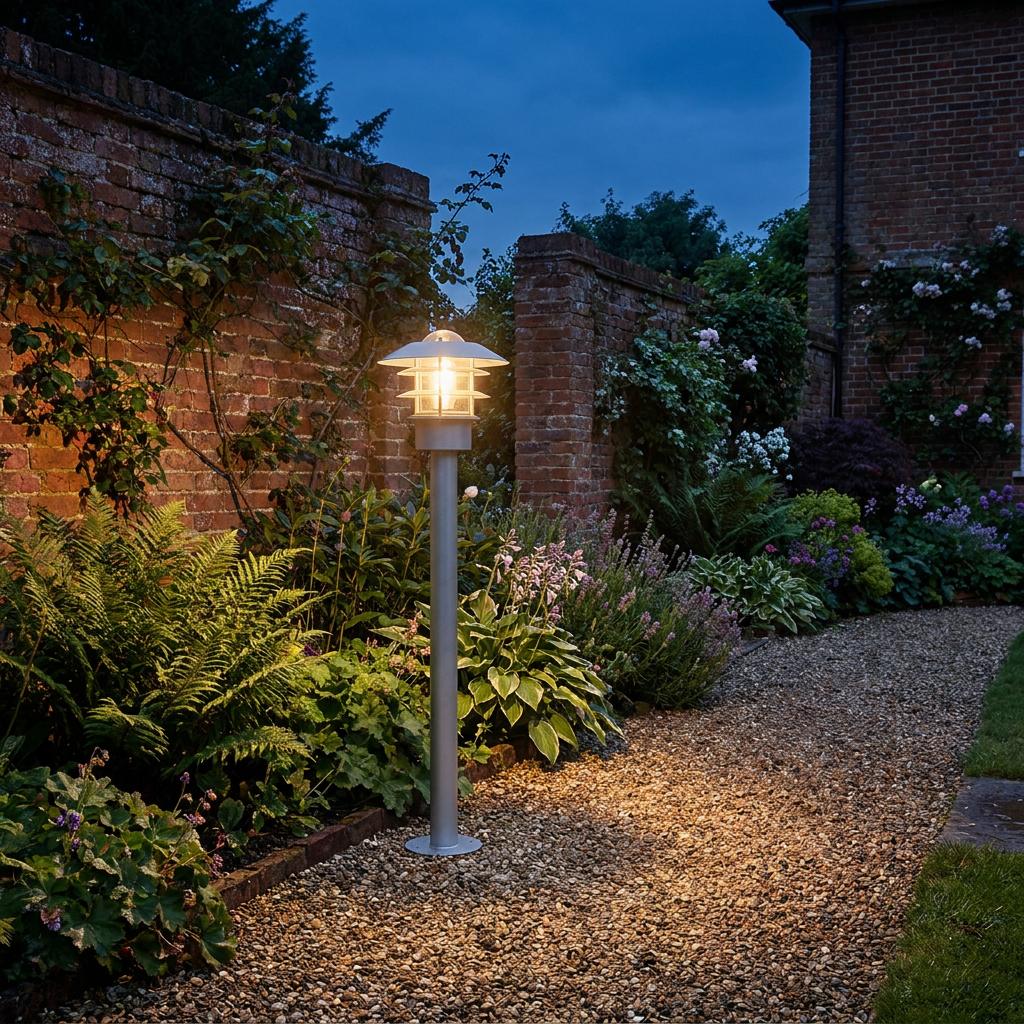 Silver bollard lantern glowing on a gravel path beside a brick wall and lush garden plants at night.