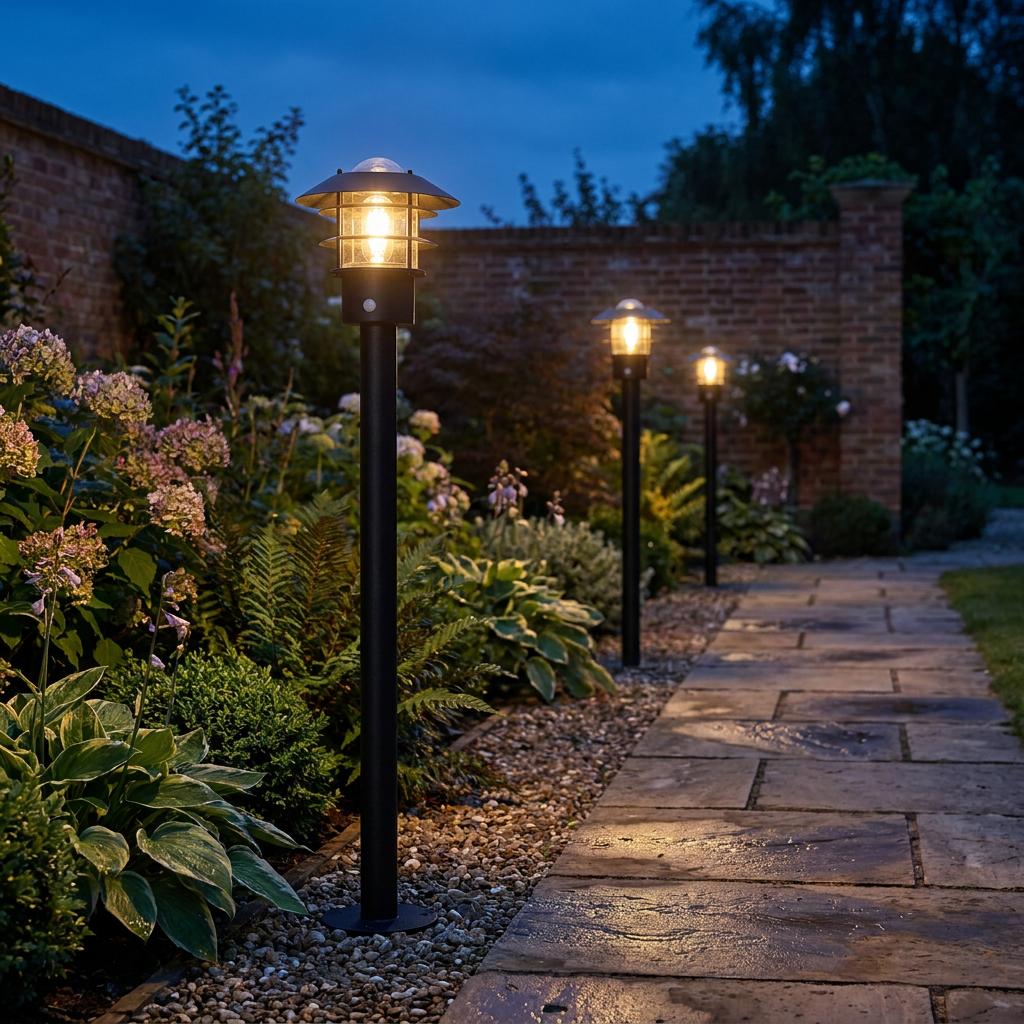 Three black Helsingor outdoor bollard lanterns with PIR sensors illuminating a stone garden path at dusk.