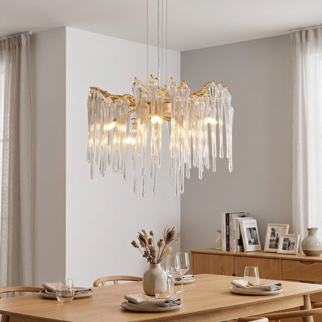Elegant gold branch chandelier with clear glass icicle drops hanging over a modern dining table.