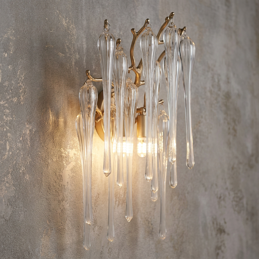 Gold tree-branch wall light with cascading clear glass drops, glowing against a textured grey wall.