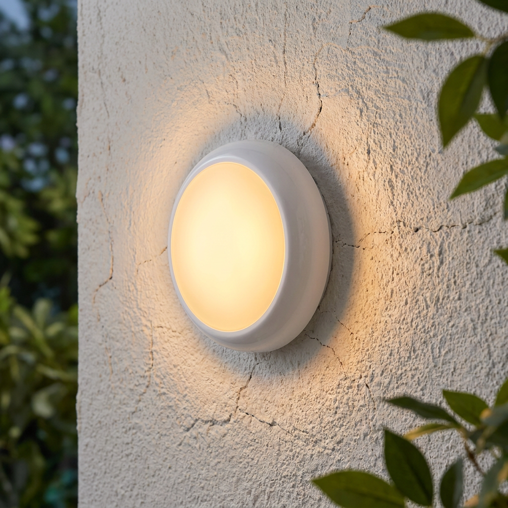 Circular white outdoor bulkhead light emitting a warm yellow glow on a textured exterior wall.