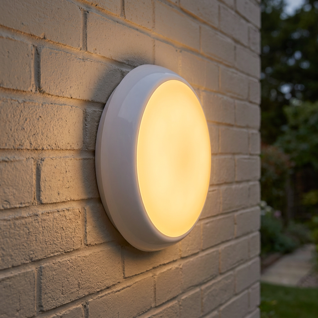 Round white bulkhead outdoor light glowing with warm light on a light-colored brick wall.