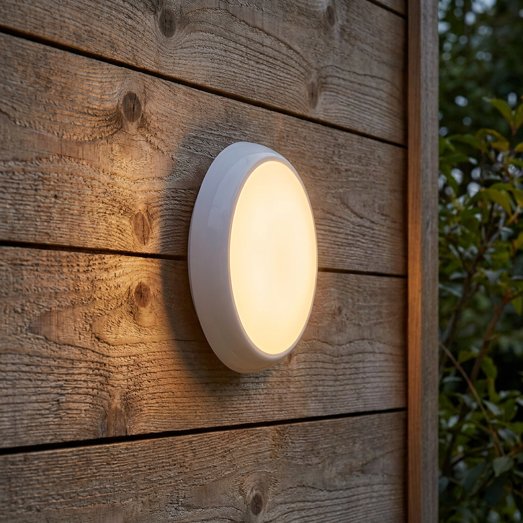 Round white HeroPro XL LED bulkhead light illuminated with warm light on a weathered wooden fence.