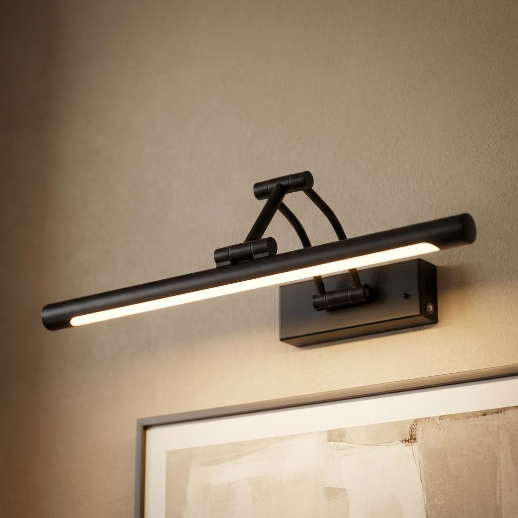 Sleek matte black LED picture light mounted on a neutral wall above a framed piece of art.
