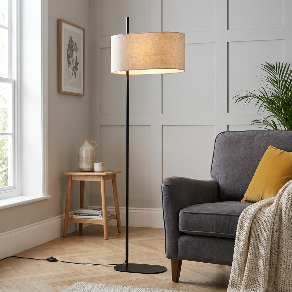 Modern matt black floor lamp with a natural linen drum shade standing next to a grey armchair.