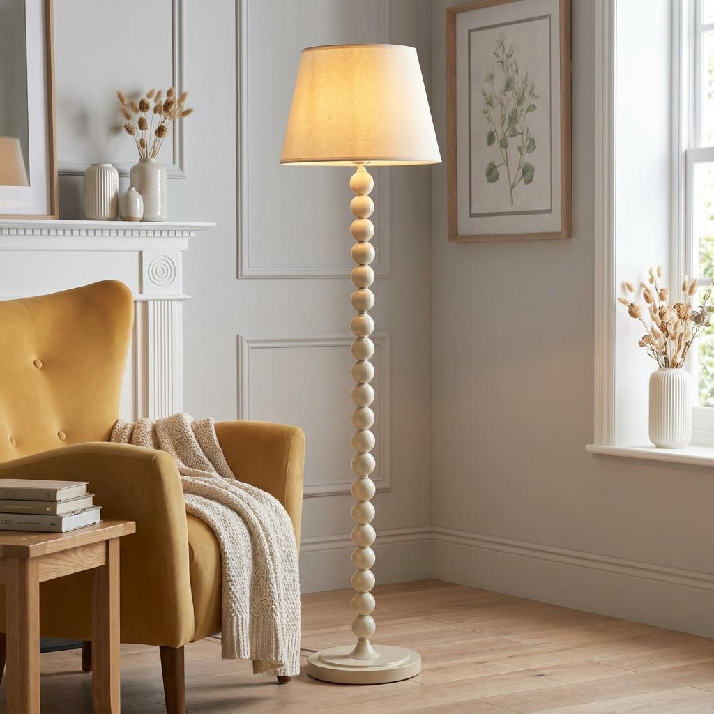 Higgledy floor lamp with almond white bobble stem and vintage white shade standing next to a yellow armchair.