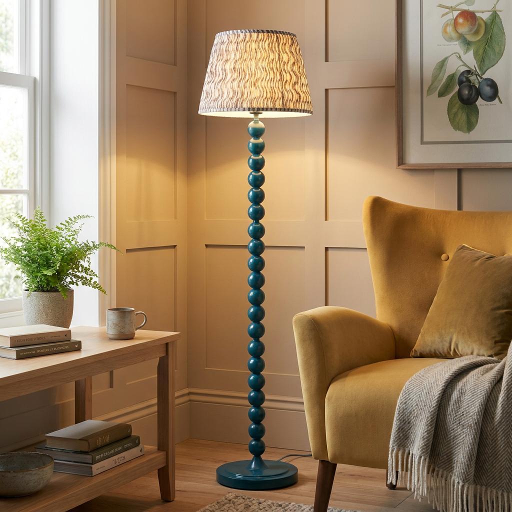 Teal beaded floor lamp with a wavy patterned shade beside a yellow armchair in a cozy, panelled living room.