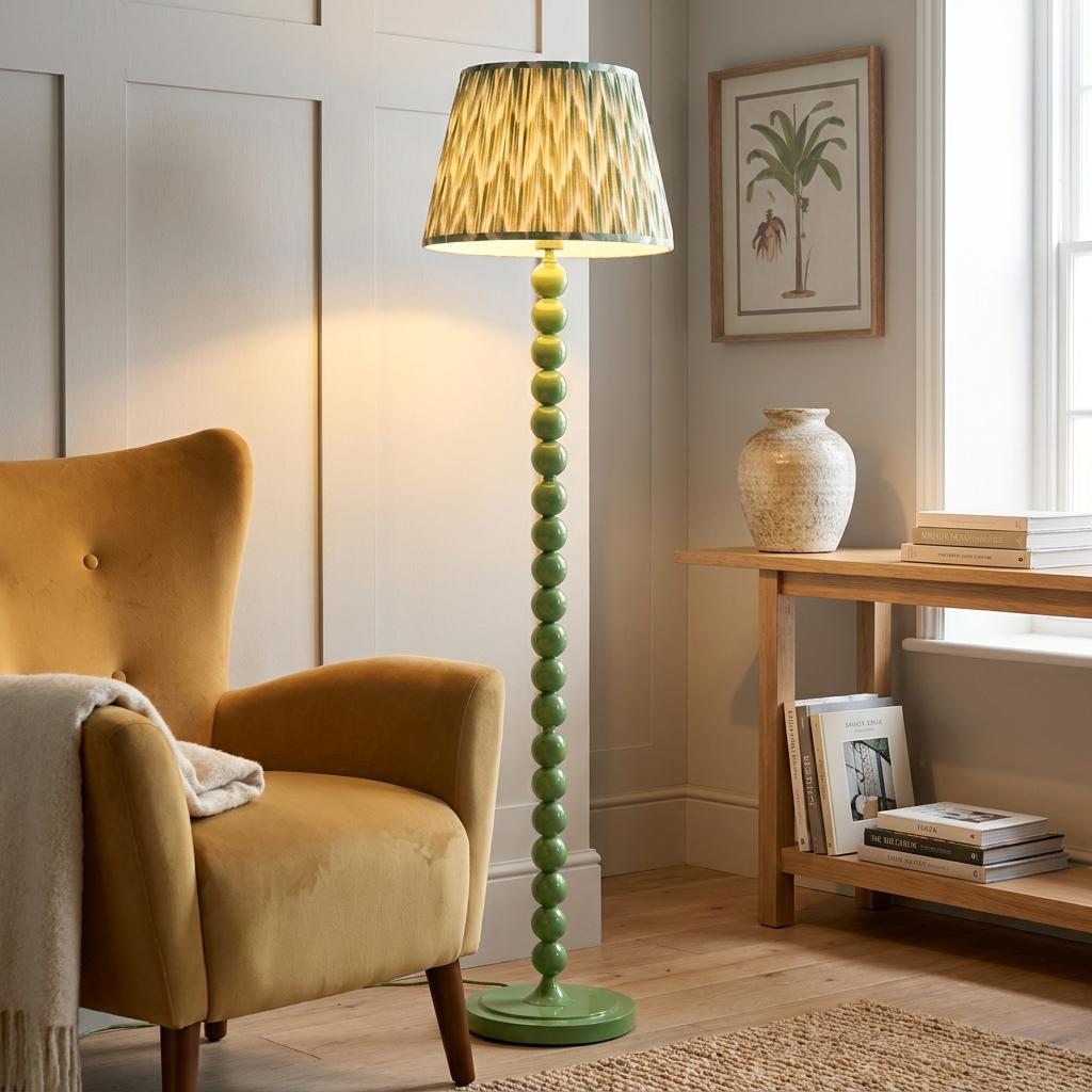 Green bobbin floor lamp with a zigzag shade illuminated next to a mustard yellow velvet armchair in a living room.